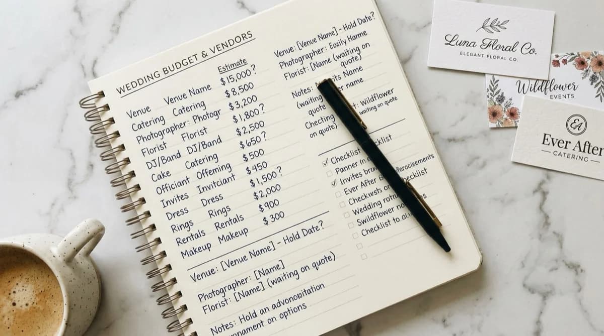 Couple reviewing wedding budget notes together at a kitchen table