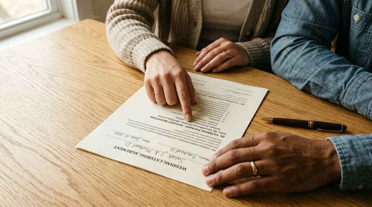 Couple reviewing a wedding vendor invoice together at a kitchen table