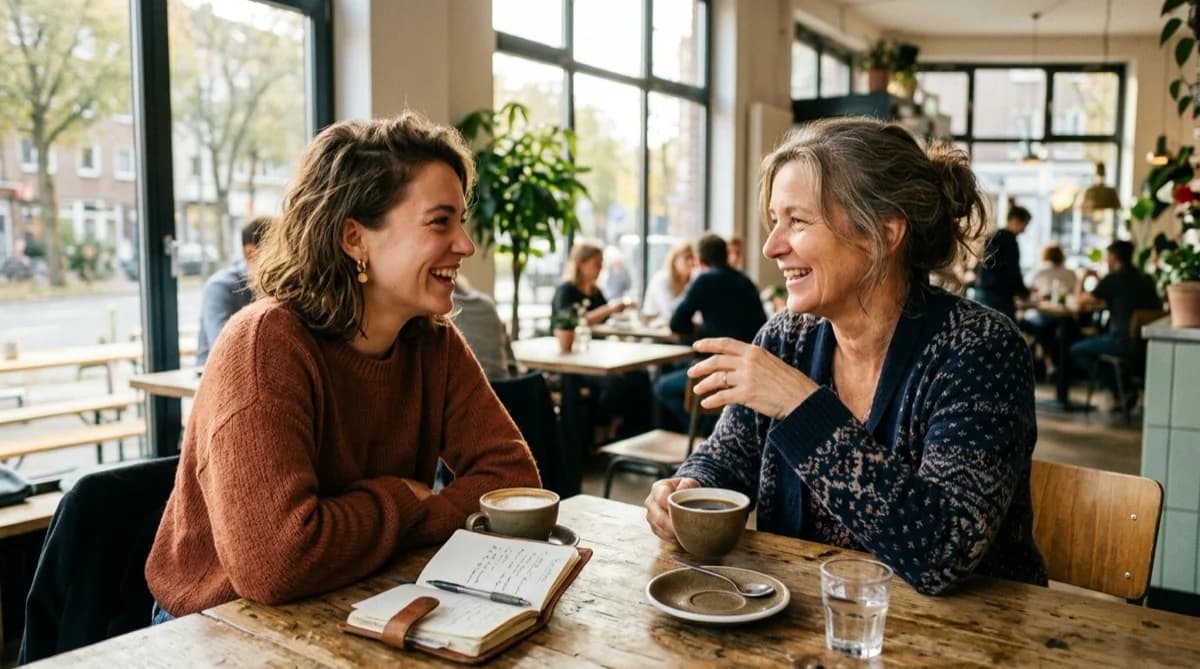 A bride-to-be and her mother sitting together at a kitchen table reviewing wedding budget notes