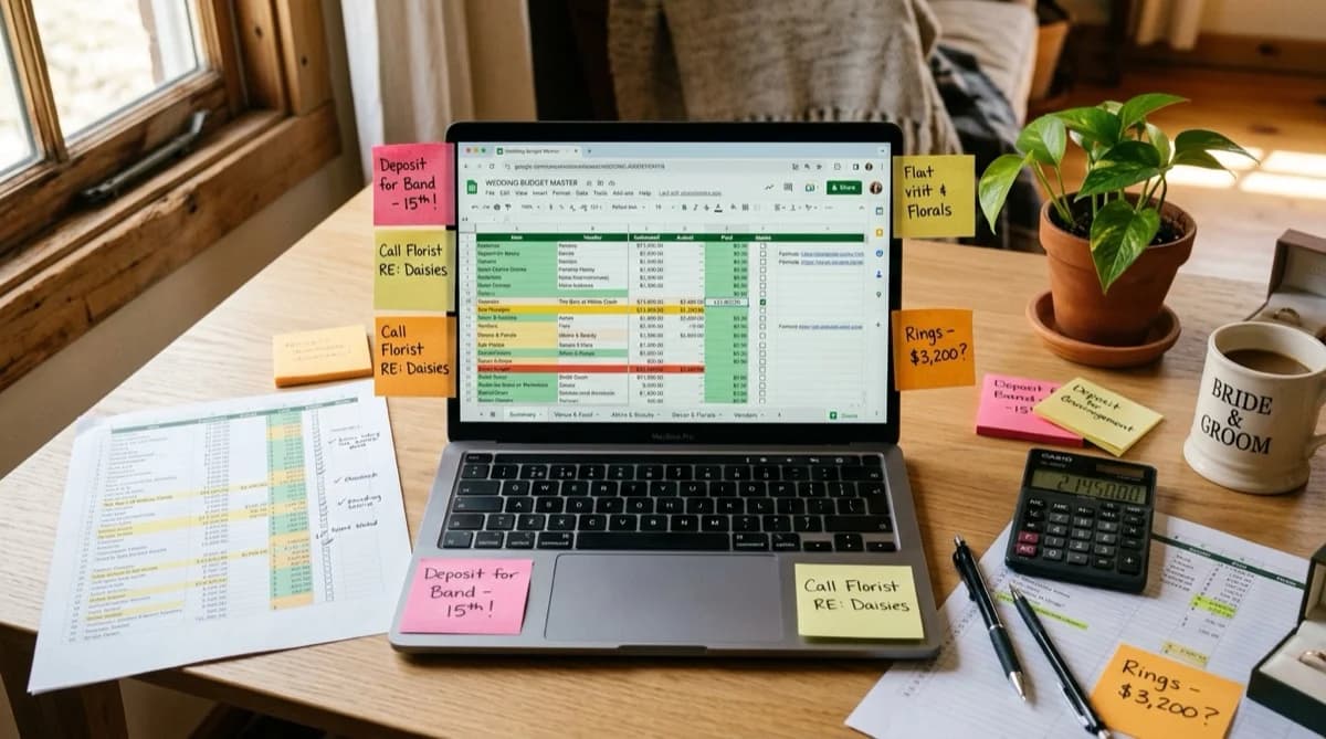 Woman at a kitchen table looking at a complex wedding budget spreadsheet on her laptop, surrounded by notes and wedding magazines